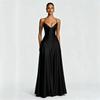 Sexy Satin Slip Dress Deep V Neck High Waist Flared Gown Banquet Date Night