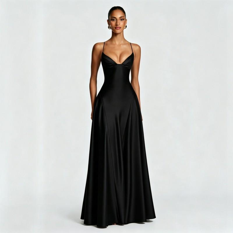 Sexy Satin Slip Dress Deep V Neck High Waist Flared Gown Banquet Date Night