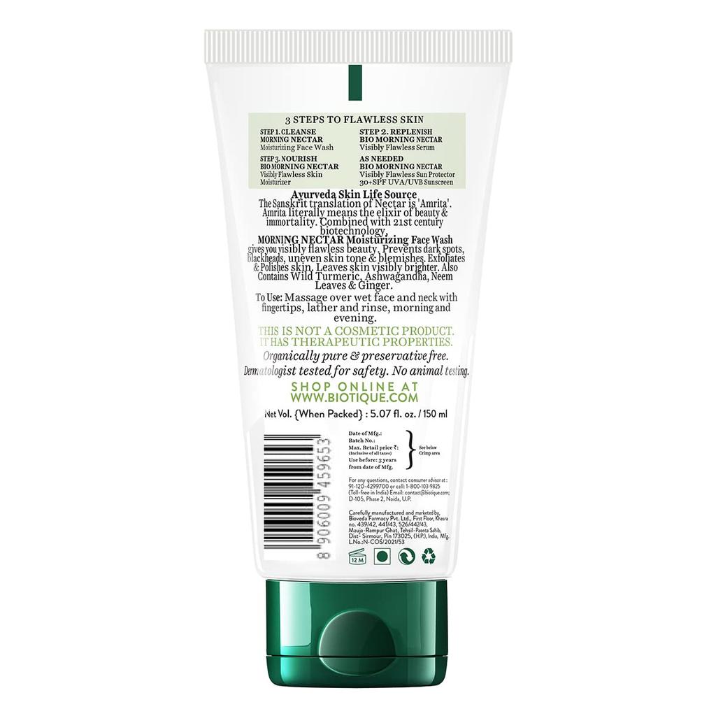 Biotique Morning Nectar Face Wash 150ml – Wild Turmeric & Neem for Flawless Skin – Hydrating & Brightening for All Skin Types