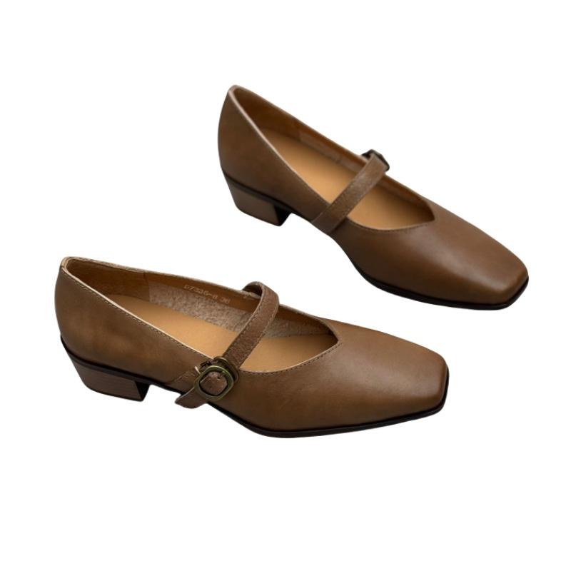 Γνήσιο Δέρμα Ακατέργαστο Μονοπάπουτσα Άνοιξη και Καλοκαίρι Ρετρό Ίσιο με Μαίρη Τζέιν Τακούνια από Δέρμα Αγελάδας