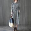 The real spring new literary loose cotton and linen plaid long-sleeved dress women's waist medium and long