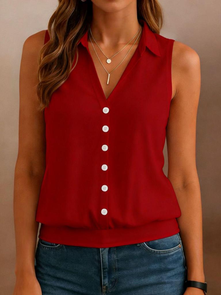 2026 European and American Summer Women's Solid Color Sleeveless Button-Up Lapel Shirt