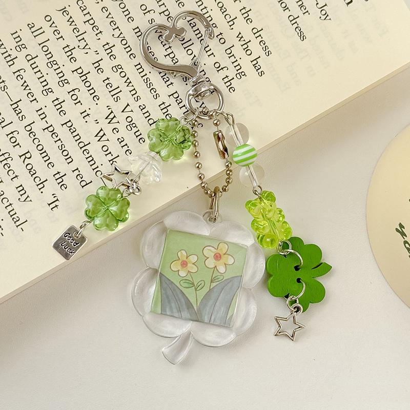 Y2K Trendy Lucky Grass Beaded Phone Charms For Women Girls Sweet Photo Frame Four-Leaf Clover Keychain Bag Pendant Gifts