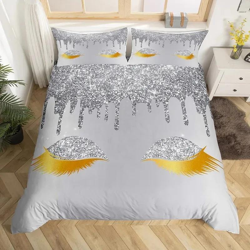 Pink Eyelash Duvet Cover Set Girls Women Eyelash Heart Printed Bedding Set Closed Eyes Pattern Design Comforter Cover Queen Size