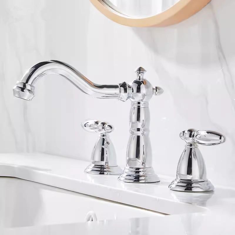 Tuqiu Brushed Gold Bathroom Faucet Antique Basin Faucet Brass Grey Sink Faucet 3 Hole Widespead Hot & Cold Wash Faucet Water Tap