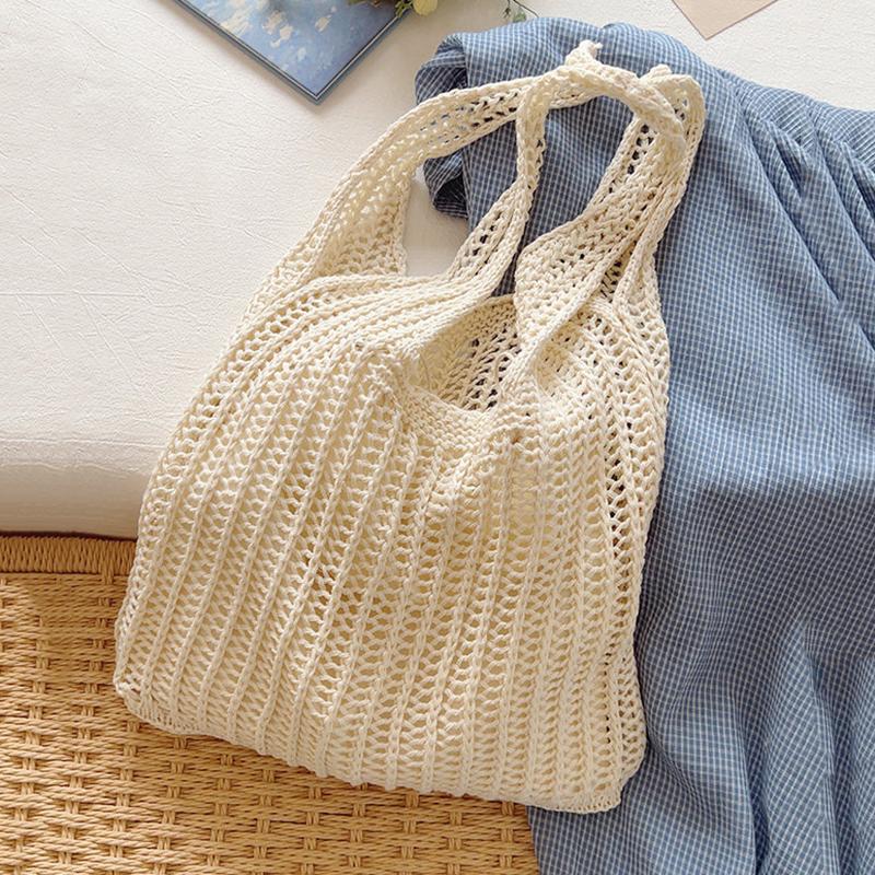 

Yogodlns Knitted Handbags Beach Bags Lightweight Students Shoulder Casual Tote Female Style Shopping Woven Bags For Women Girls 35x5x29cm бежевый