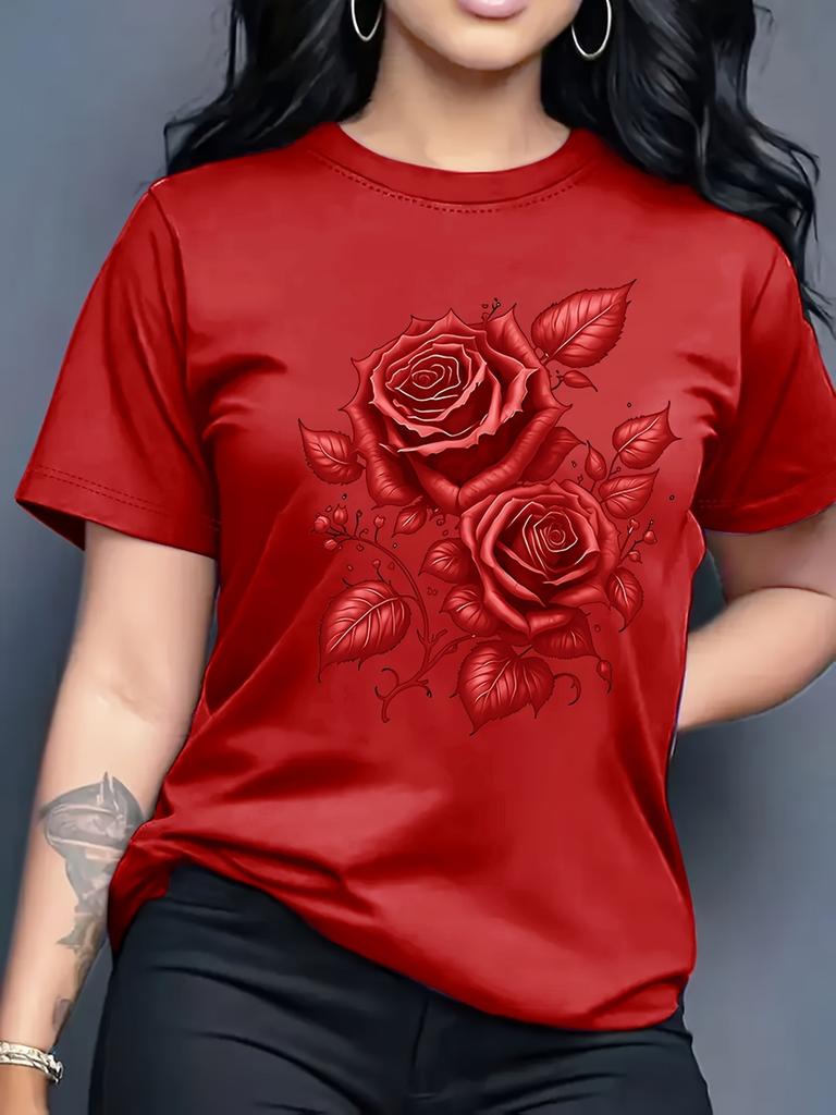Women's Purple Rose Print Crew Neck Short Sleeve T-Shirt Casual Party Machine Washable Plus Size Top