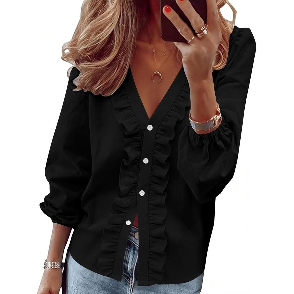 Modisches Damen Color V-Ausschnitt Langarm Plissiert Knopf Locker Lässiges Hemd Top