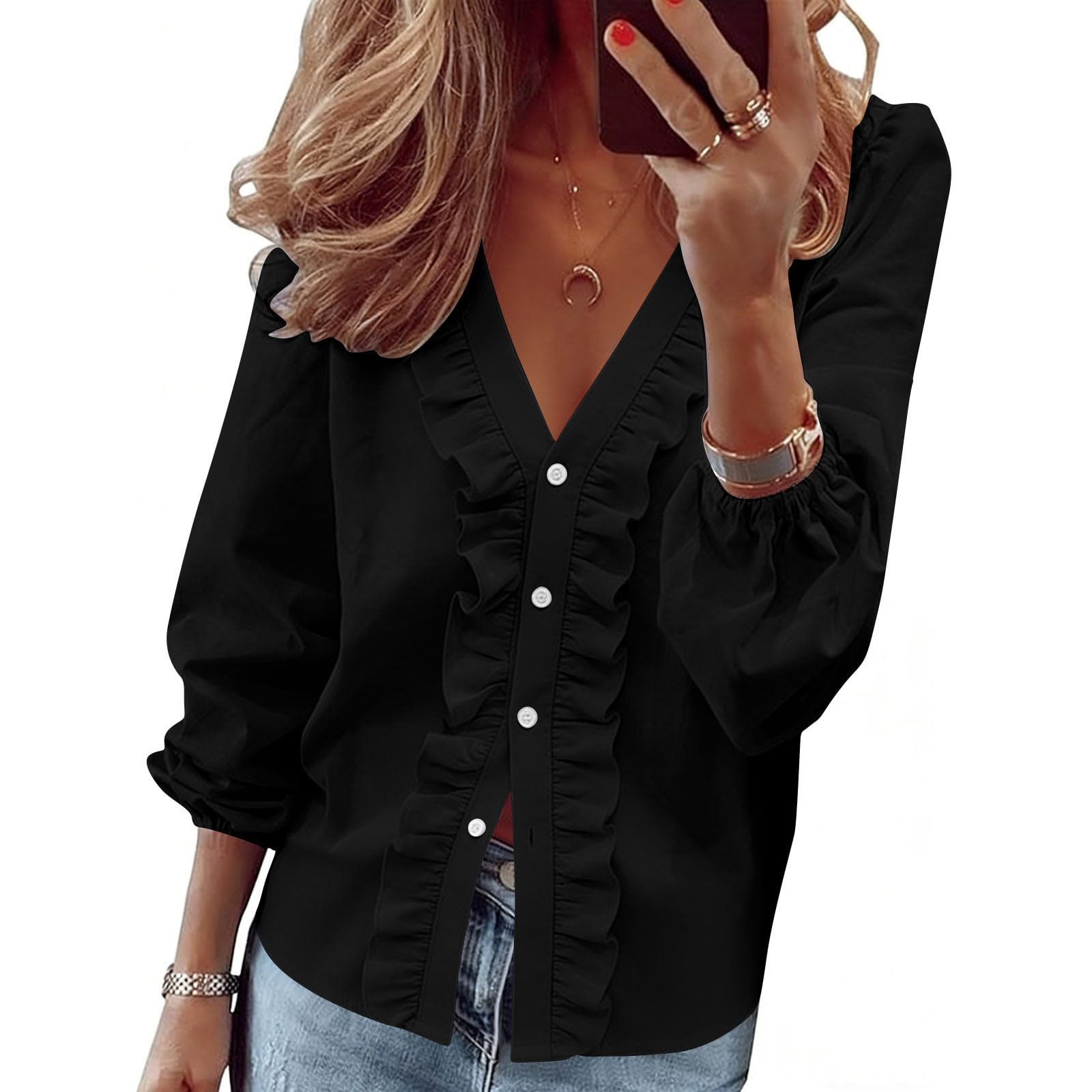 Women s Fashionable Color V Neck Long Sleeved Pleated Button Loose Casual Shirt Top L