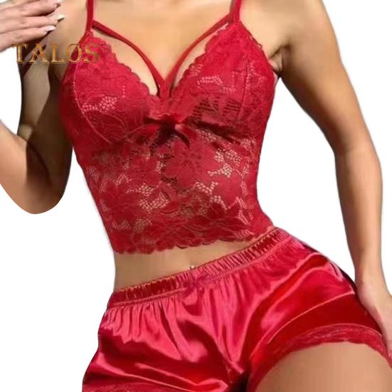 2 ks/sada Dámské pyžamové soupravy s vyhloubenou krajkou, výstřihem do V, bez rukávů, triko s vysokým pasem saténové šortky Domů Dovolená Valentines Day Anniversary