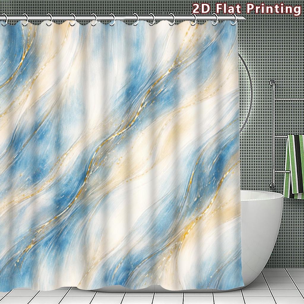 4Pcs Marble Waves Shower Curtain Set with Non-Slip Bath Mat, Toilet Lid Cover, Contour Rug & 12 Hooks, Bathroom Decor