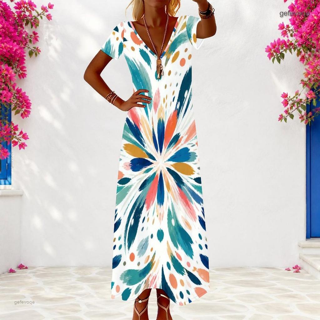 Women Plus Size V Neck Short Sleeve Printed Loose Maxi Dress