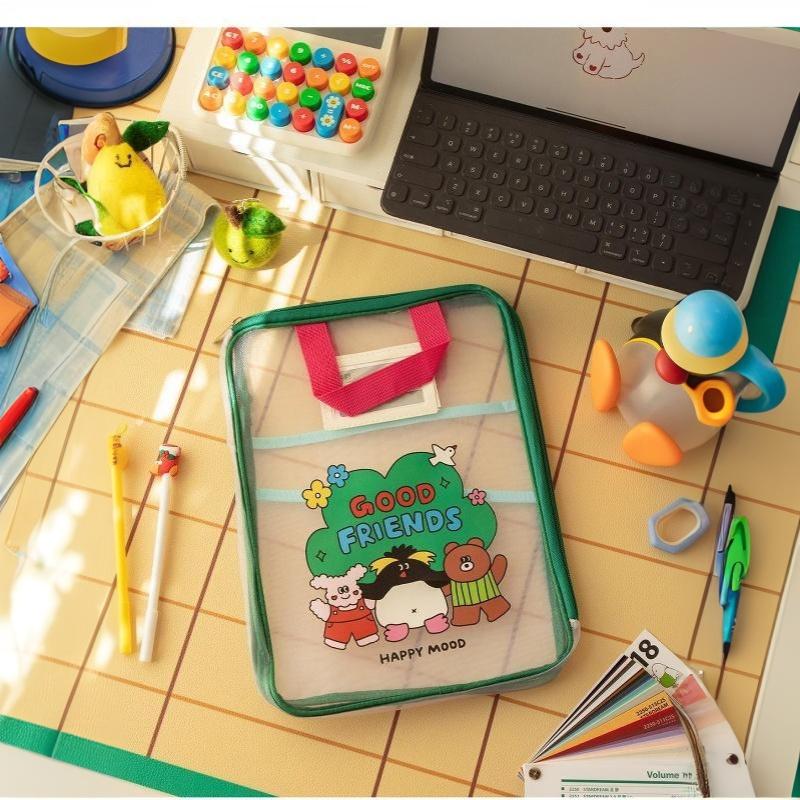 Colorful Cute Large Capacity File Bag, Transparent Document Handbag For Student Exams, A4 Zipper Paper Storage Bag