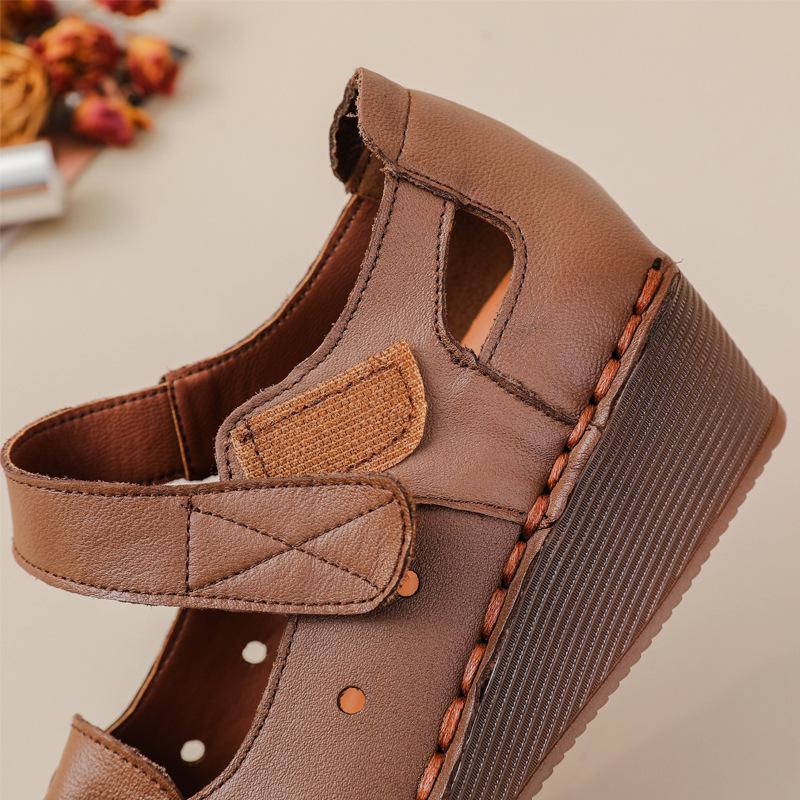 Women's Retro Cowhide Wedge Sandals - Summer Soft Sole Genuine Leather Platform Shoes