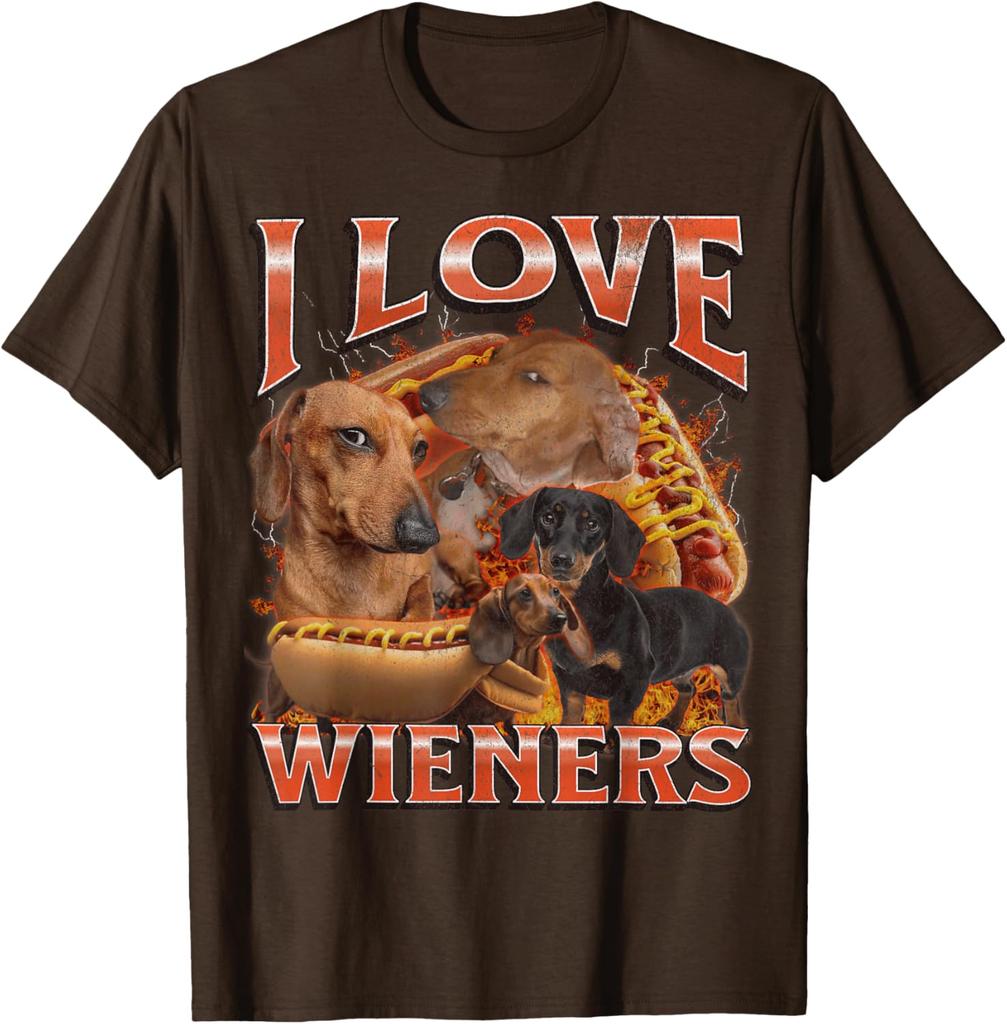 I Love Wieners Dachshund Dog Hot Dog Graphic Tee Funny Casual Cotton Short Sleeve T-Shirt Pets Owner Walking Outdoor