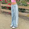 Women's Side Striped Bow Tie Jeans Boyfriend Low Rise Baggy Denim Pants Casual Straight