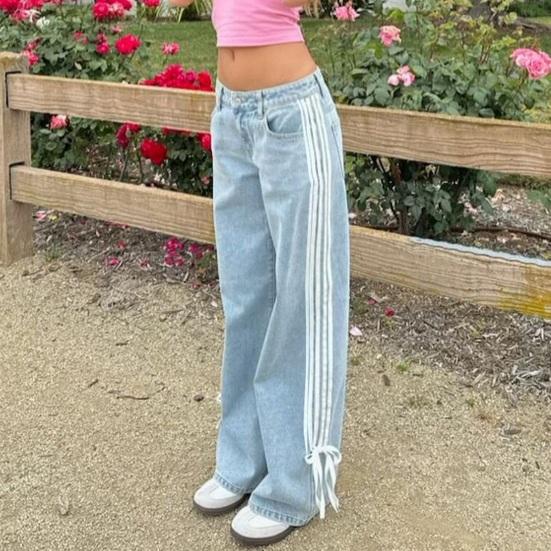 Women's Side Striped Bow Tie Jeans Boyfriend Low Rise Baggy Denim Pants Casual Straight