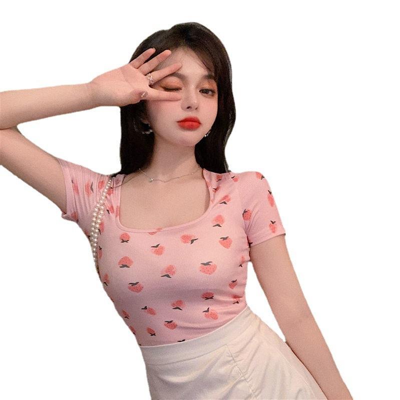 Sweet and Cool Babes Sexy Square Neck Short T-shirt Women's Summer Versatile Slim and Thin Bottoming Shirt Top Female Student Tide
