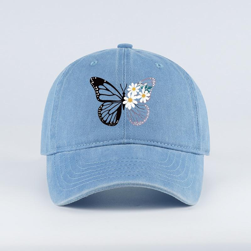 

Butterfly and Daisy Print Washed Baseball Cap – Adjustable Unisex Retro Floral Sun Hat, Perfect for Camping and Vacations