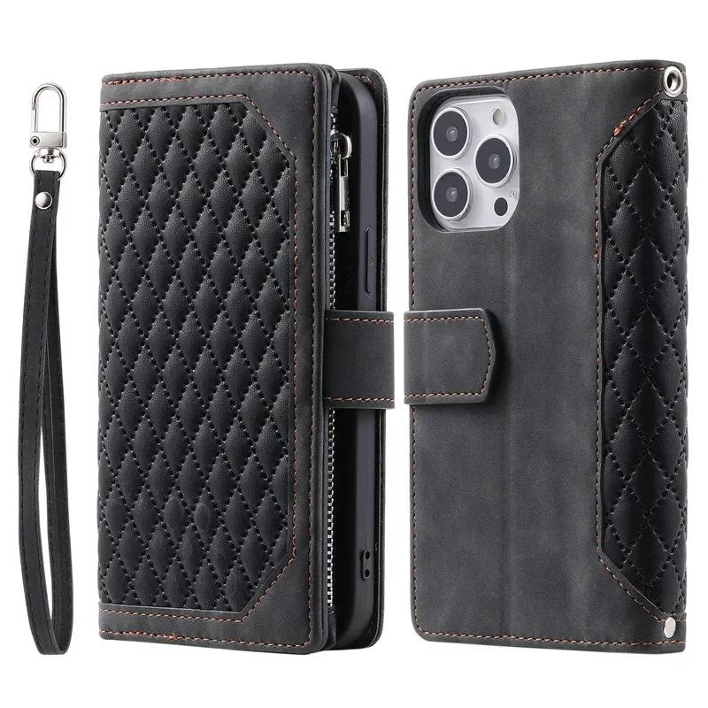Crossbody Lanyard Leather Zipper Wallet Card Phone Case for iPhone 17 Air 16E 16 15 Pro Max 14 Plus 13 12 11 XS XR X Flip Cover