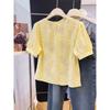 Womens Embroidery Hollow Out Blouse Puff Sleeve Casual Button Up Shirt