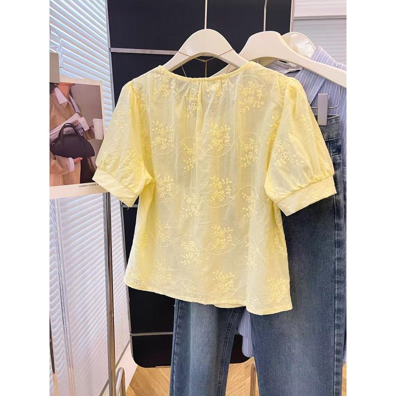 Womens Embroidery Hollow Out Blouse Puff Sleeve Casual Button Up Shirt