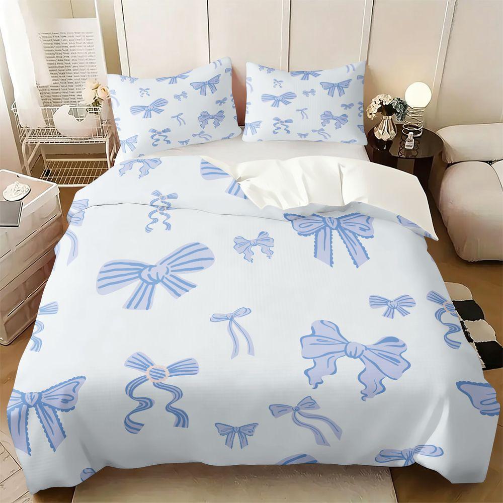Ensemble Housse de Couette Imprimé Nœuds Bleus 2/3 Pièces (1 Housse de couette & 1 Taie d'oreiller) Ensemble de literie esthétique doux pour la décoration de la chambre des filles US Twin-173x218cm