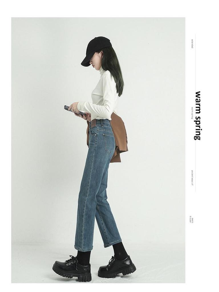 Women's High-Waisted Black Cigarette Jeans - Autumn 2023 Trendy, Slim, Loose, 9/10 Length