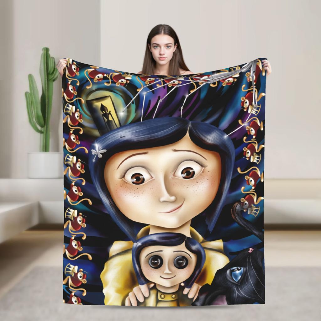 Coralines Animated Movie Blanket  Travel Flannel Throw Blanket For Living Room Warm Soft Custom DIY Quality Bedspread Gift Idea