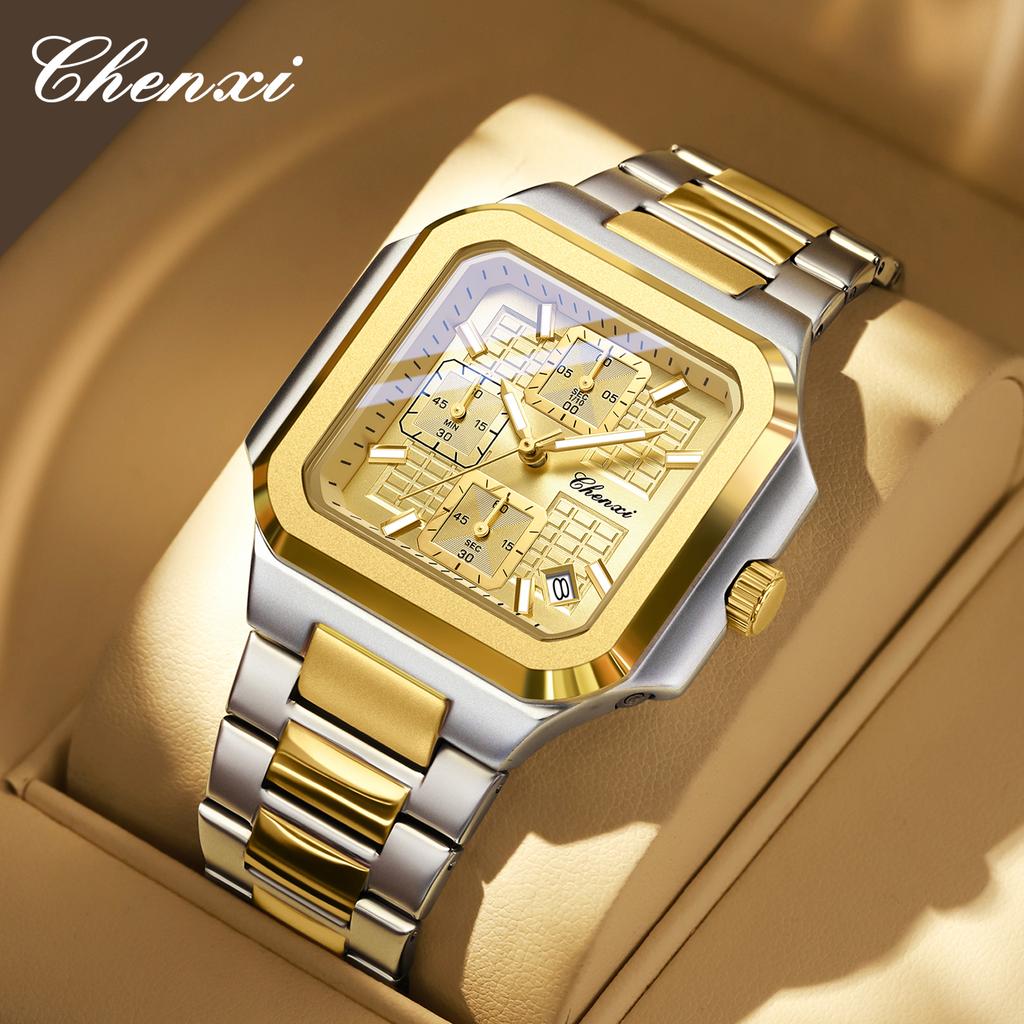 CHENXI Square Chronograph Men's Watches Multifunctional Date Luminous Waterproof Sport Business Quartz Wristwatch Reloj Hombre