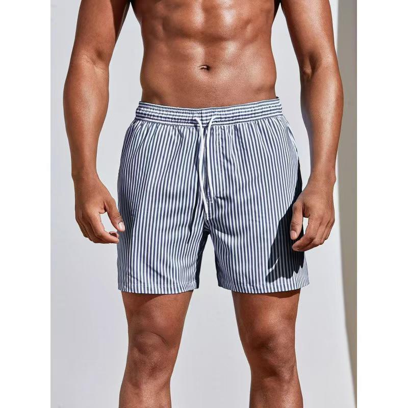 2026 Summer Men's Quick-drying Blue & White Stripe Beach Bermuda Shorts with Elastic Waist