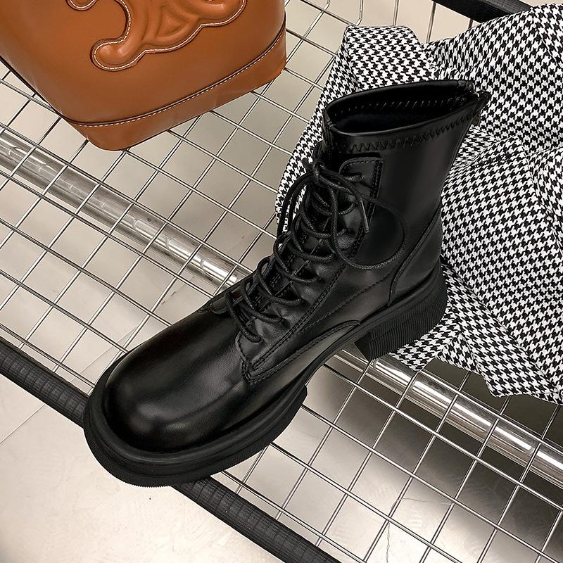 thick-soled Martin boots short boots women's leather spring and autumn single boots British style college lace-up elasticity increases and looks thin