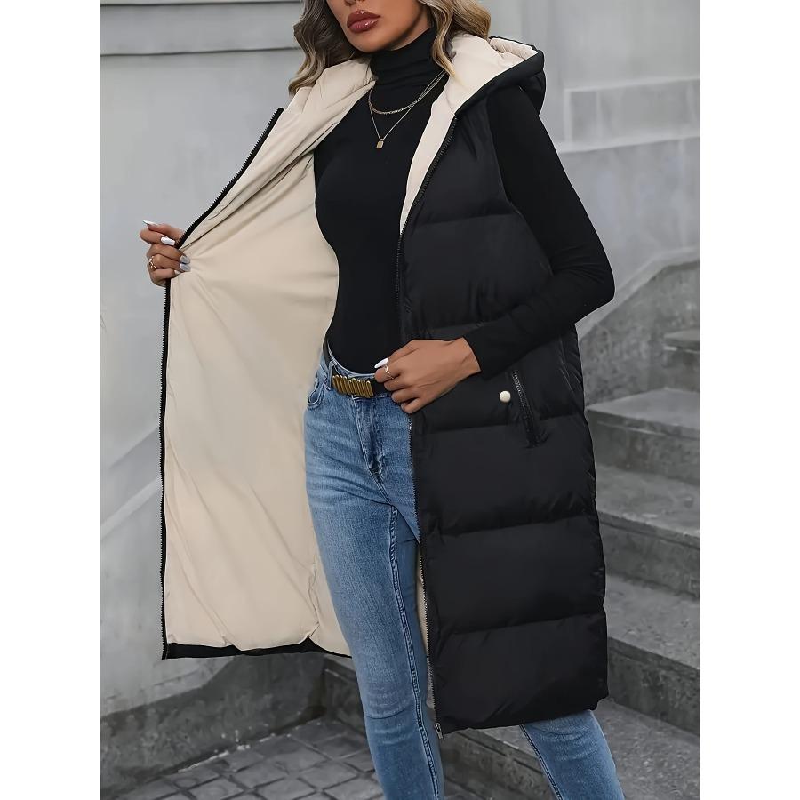 Zip-up Hoodie Puffy Vest, Casual Sleeveless Slant Pockets Warm Midi Vest For Fall & Winter, Women's Clothing