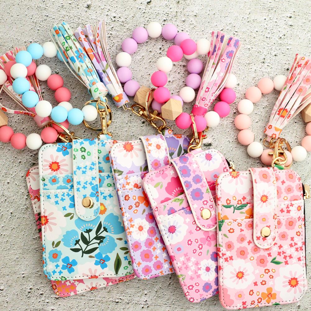 Silicone Bead Bracelet & Leather Card Holder Set - Business Gift Pack with  Keychain & Printed ID Bag