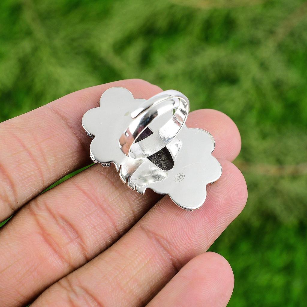 925 Silver Natural Chevron Amethyst Statement Flower Adjustable Ring