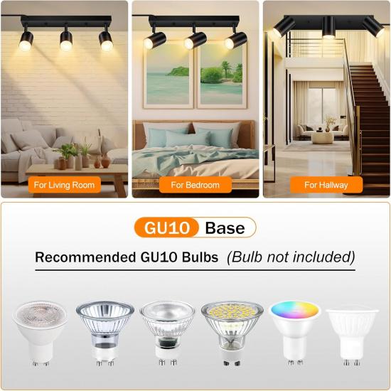 3 Light Track Lighting Kit,Black 3 Way Modern Plug in Ceiling Spotlight,Industrial LED Wall Light for Kitchen Cabinet Gallery Bar Hallway Living