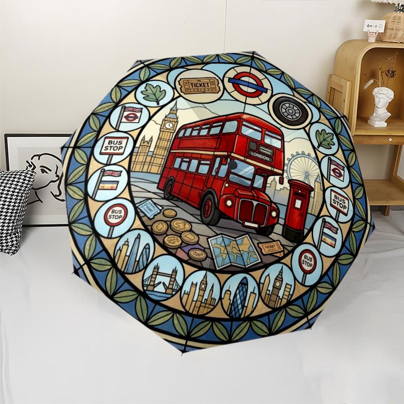 London Bus Journey pattern umbrella, portable and foldable design, 8 ribs, a casual accessory for Halloween, Christmas, and birthday gifts.