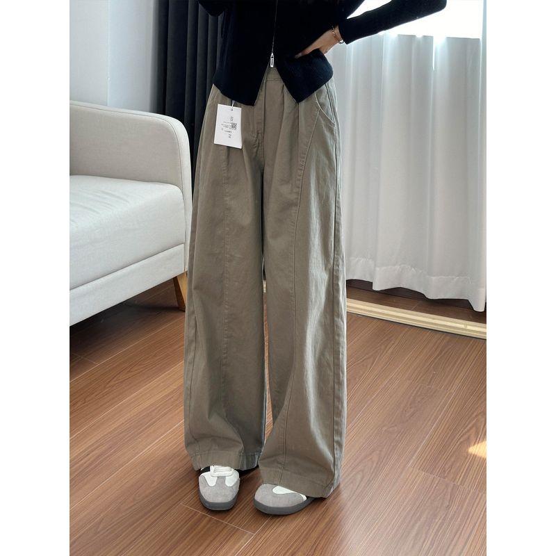 

Khaki American-Style Straight-Leg Curved Pants for Women, Summer Thin Plus-Size Slimming Wide-Leg Casual Cargo Pants Khaki-Regular XL [Recommended 60-70kg]