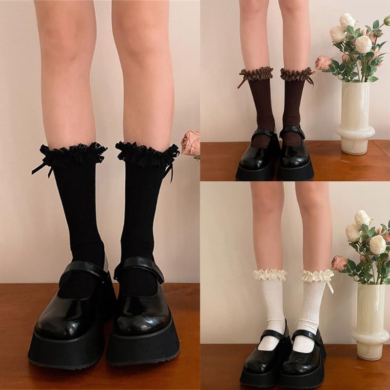 1 Pair Ruffle Ankle Socks Sweet Frilly Socks Ballet Socks for Girls with Bows Lace Top Sock Princess Style Dress Socks