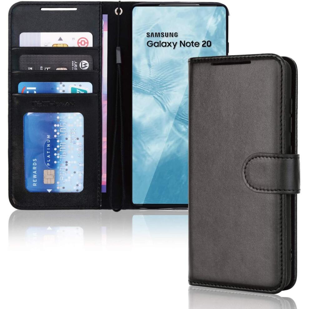Galaxy Note 20 Leather Wallet Case, Flip Protective Case Cover with Wallet Card Holder, Stand and Wrist Strap - Black