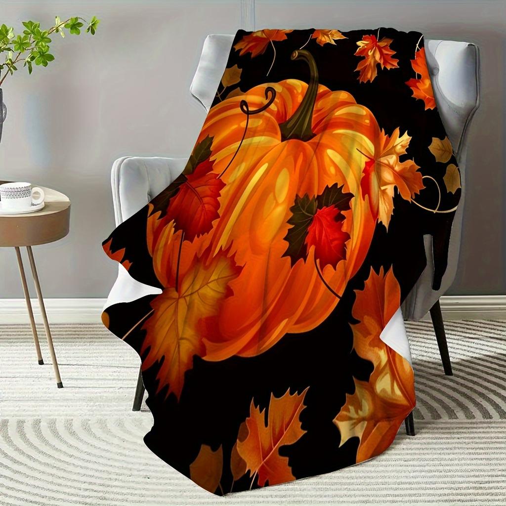 Cozy Pumpkin & Maple Leaf Flannel Throw Blanket - Perfect for Halloween & Thanksgiving, Versatile for Couch, Bed, Office
