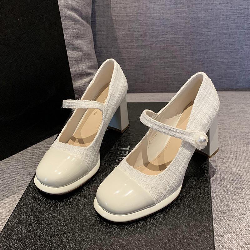 Pearl Embellished Mary Jane Flat Heels Women's Shoes Spring 2025 Leisure Round Toe Rubber Outsole Comfortable Inner Heightening