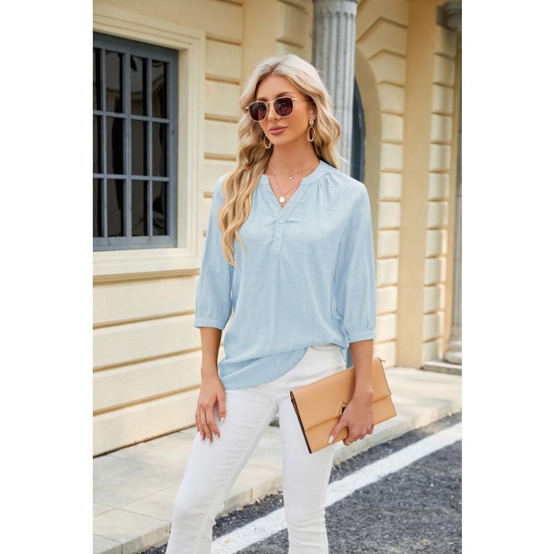 Spring and Summer Solid Colour Shirt V-neck Pullover Loose Top for Women