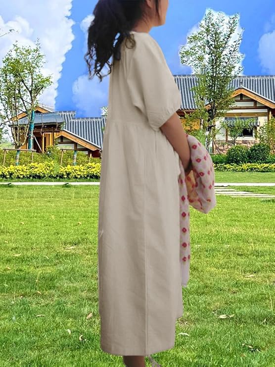 Minesam Summer Long Short Sleeve Cute and Dress for and Fall Women's Cotton-Linen Dress, Dress, Dress, Figure-Flattering Spring, Summer, (01 Beige,