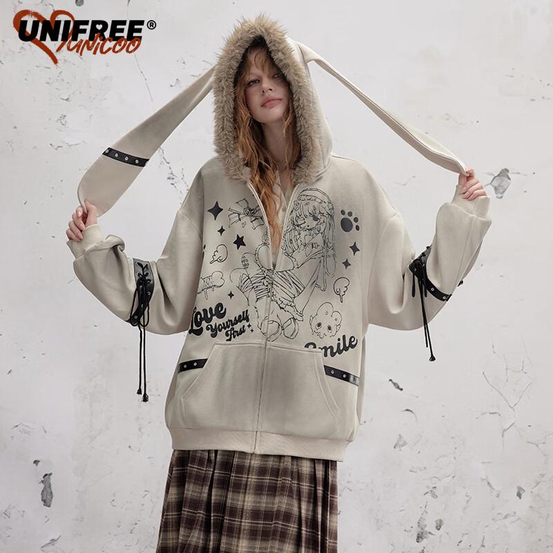 UNIFREE Distressed Faux Fur Collar Hooded Sweatshirt
