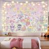 Adorable Sanrio Family Pink Heart Tapestry Kawaii Anime Wall Hanging Decoration Girls Heart Printed Tapestry Super Cute Decorat