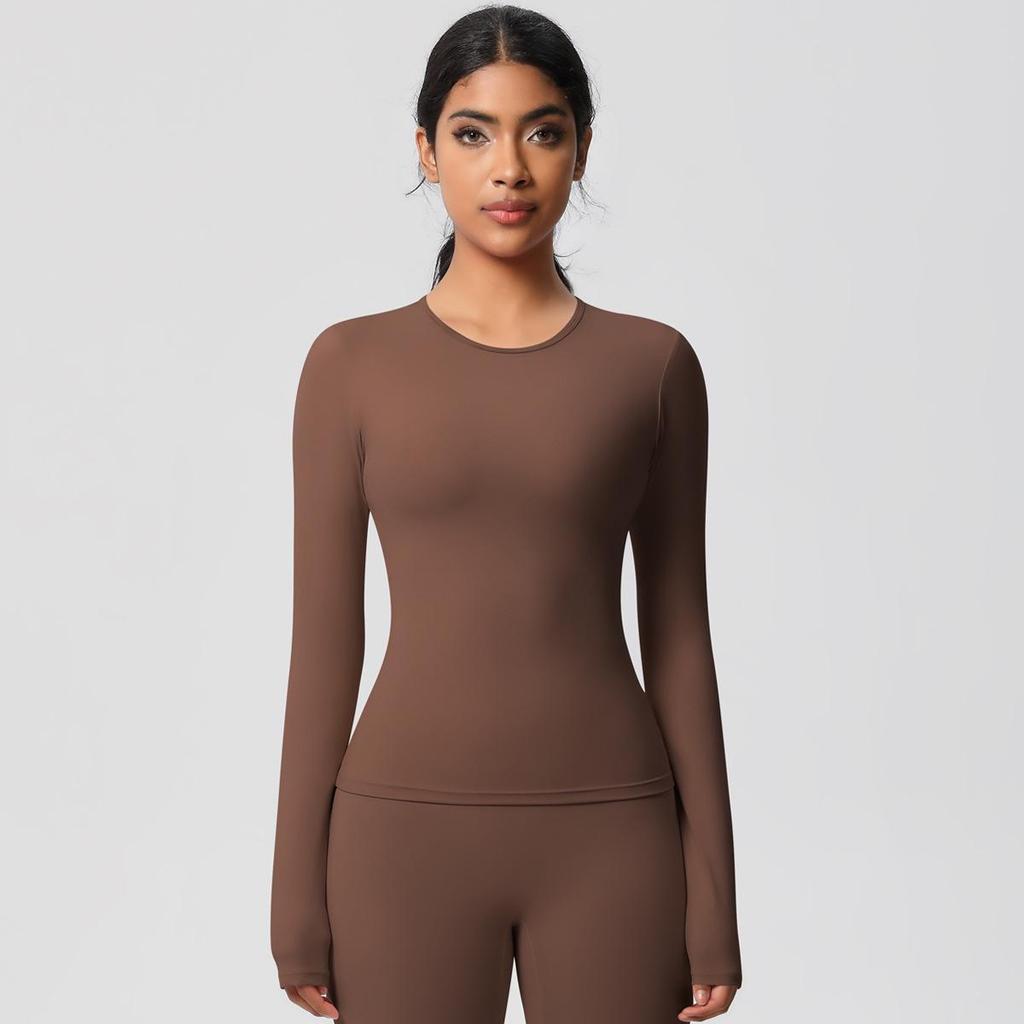 European-American Slim Fit Long Sleeve Yoga Top - Nude, Brushed Feel, Round Neck, High-Intensity Running & Fitness Wear