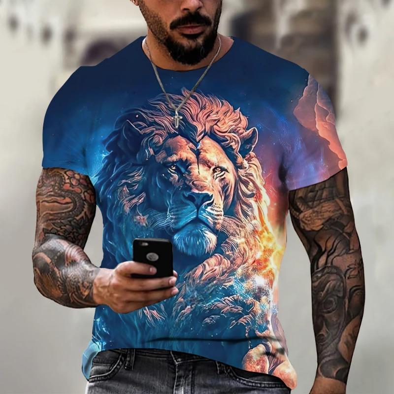 Men's 3D lion and animal print retro T-shirt, fashionable round neck short sleeved T-shirt, men's oversized lion