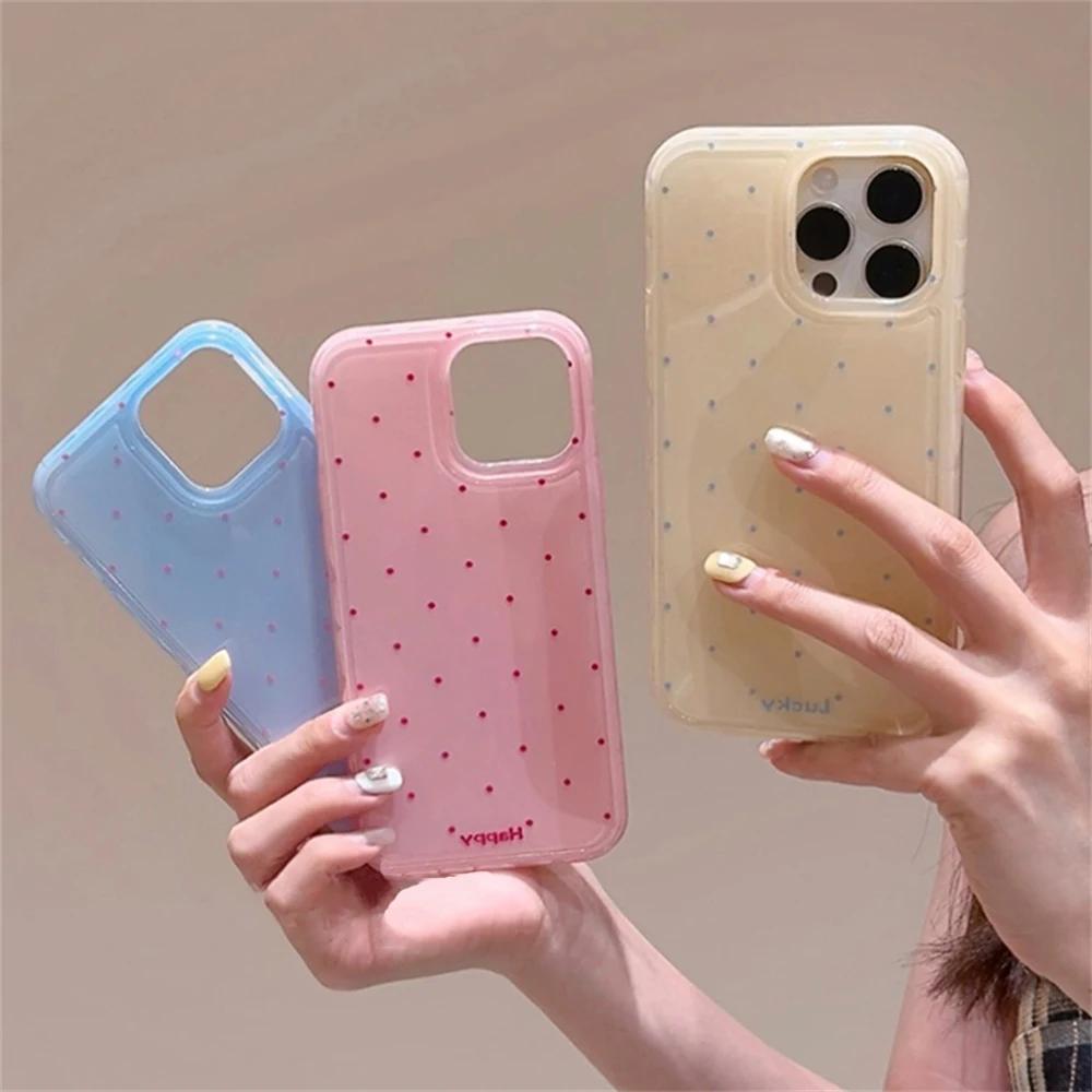 Korean Cute Polka Dot Macron Color Phone Case For iPhone 15 14 13 12 Pro Max 11 Stylish Aesthetic Shockproof Soft Back Cover