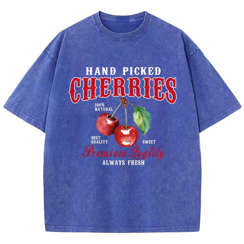 Cherries Cotton Washed TShirts Woman Red Fresh Fruit Tees Letter Prints Tops Crewneck Oversized T Shirt Street Female Clothes